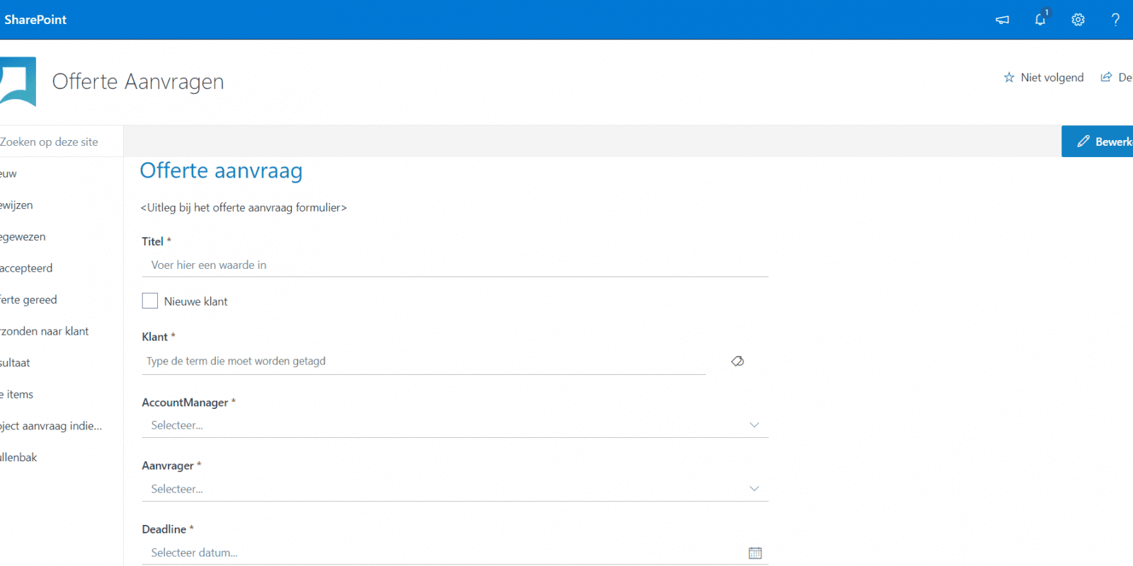 Automatiseer processen met Microsoft Power Automate en SharePoint - Screenshot offerte aanvragen