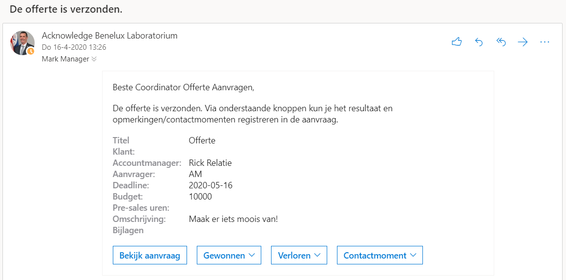 Automatiseer processen met Microsoft Power Automate en SharePoint - Screenshot offerte verzonden